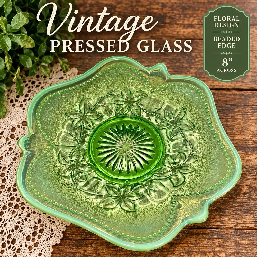 Vintage Green Pressed Glass Floral Leaf Dish Plate Beaded Edge 8”